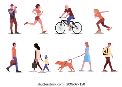 Perfiles de gente caminando por la calle. Caminando por el parque, la ciudad. Ilustración vectorial de material.
