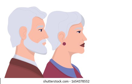 Profiles of senior people looking in one direction. Old woman and man portraits. Elegant businessman and businesswoman in costume. Vector Flat Illustration