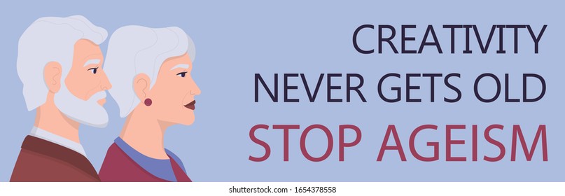 Profiles of senior people. Stop ageism concept. Unfairness and social problem of seniors. Aging is living idea. Social service advert banner or website header. Vector Flat Illustration