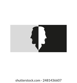 Profiles and silhouette of two men face to face together. Two black and white silhouettes of a pair mens as one opposite. Vector illustration.