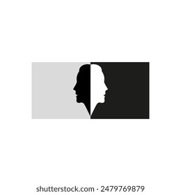 Profiles and silhouette of two women face to face together. Black and white silhouettes of two women as one opposite. Vector illustration.
