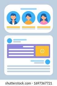 Profiles of users vector, man and woman using services flat style. Business activities, icons and avatars of female and male with information below