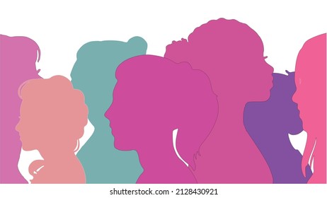 Profiles of women of different ages in various colors. Symbolizes the right and power of women. Vector.
