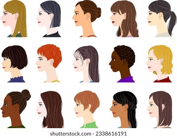 Profiles of women with various skin tones and hairstyles. Multiracial women.