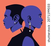 Profiles of young African couple. Woman and man. Family relationships and gender conflict. Psychology. Husband and wife. Divorce. Vector flat illustration