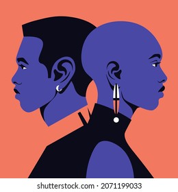 Profiles of young African couple. Woman and man. Family relationships and gender conflict. Psychology. Husband and wife. Divorce. Vector flat illustration