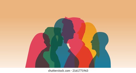 Profiles of young colored silhouettes. Vector Multiple exposure. Young people smiling. Students smiling. Young people who are well together. Local and regional culture.