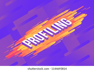 Profiling isometric gradient text design on abstract geometric orange fluid color shapes and stripes on violet glitch background - vector illustration of modern effect of business term.