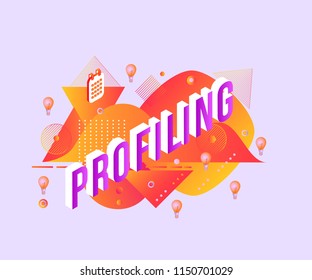 Profiling isometric violet text design with calendars and light bulbs on abstract geometric gradient yellow and red colors shapes and textures in isolated vector illustration.