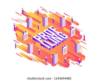 Profiling text design with volumetric word and business elements in isometric projection on abstract gradient orange stripes isolated on white background in vector illustration.