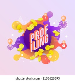 Profiling trendy background template with gradient colors and abstract geometric shapes, golden coins and light bulbs. Vector modern poster, banner, presentation layout illustration