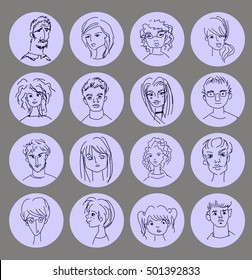profille face avatar doodle vector set illustration