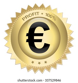 Profit 100% seal or icon with euro symbol. Glossy golden seal or button with stars.