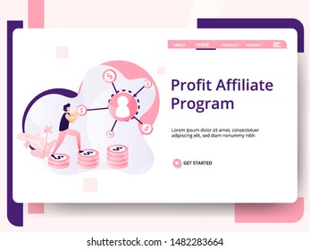Profit Affiliate Illustration Program, the concept of men running on coins. can be used for landing pages, templates, UI, web, mobile apps, posters, banners, flyers. Modern vector
