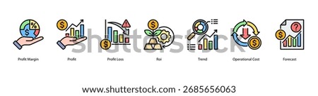 Profit Analysis web banner icon vector illustration featuring Profit Margin, Profit, Profit Loss, ROI, Trend, Operational Cost, and Forecast.
