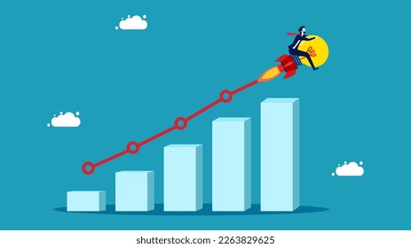 Los beneficios o las empresas crecen. Concepto de progreso o desarrollo creativo. Empresario montando un cohete de bombilla en un gráfico de barras de crecimiento