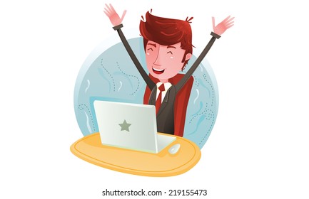 Profit businessman happy in front of computer