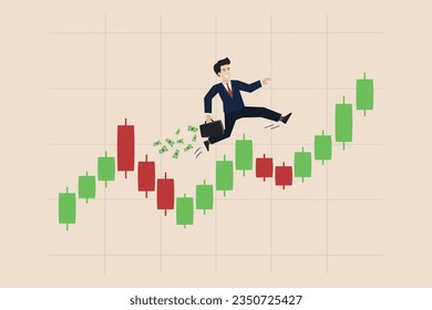 Profit by investment trading, stock market growth, get rich from Crypto trading concept, smart businessman investor with bag of money walking on candlestick chart.