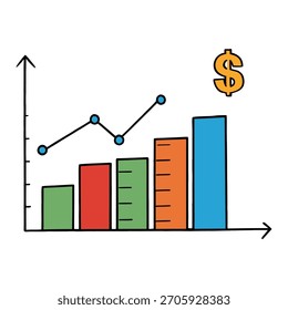 Gráfico de ganancias dibujado en papel gráfico que muestra barras ascendentes y líneas ascendentes, que simbolizan el crecimiento del negocio, el éxito financiero y el aumento de los ingresos con el tiempo.

