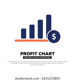 Icono de gráfico de beneficios. Gráfico de barras con símbolo de dólar que muestra la tendencia de ganancias financieras. Icono editable.