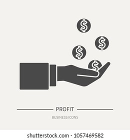 Profit - coins fall in the palm of your hand - business icon in flat style. Graphic design elements for ad, apps, website,packaging, poster or brochure. Vector illustration