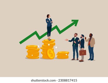 Profit and Company growth. Success in business and career. Woman standing on first podium coin piles. Flat vector illustration.