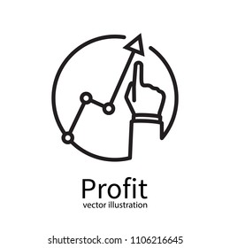 Profit concept black line minimal design, growing business graph. Businessman manages financial growth graph. Template investment. Vector illustration flat style. Finger up holding chart arrow.