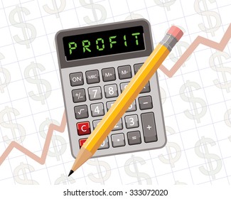 profit concept, calculator, pen and chart with dollar symbols in background 
