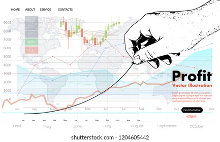 Profit concept, growing business graph. Businessman manages financial growth graph. Template investment. Vector illustration flat design. Finger up holding chart arrow.