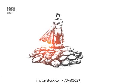 Profit concept. Hand drawn businessman standing on pile of coins. Financial success isolated vector illustration.