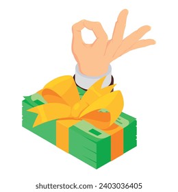 Profit concept icon isometric vector. Hand showing ok gesture and dollar bill. Finance, profit, income