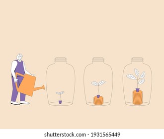 Profit concept.  Retirement fund. Business growth. Elderly man with pot watering profitable money tree. Vector color line art illustration.