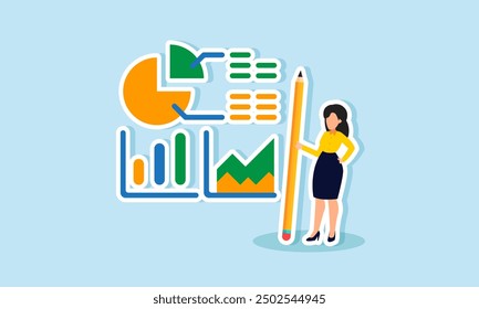 Profit data analysis using diagrams, pie charts, and area charts concept of A businesswoman with a pencil analyzing and correcting data in diagrams, pie charts, and area charts