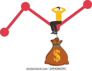 Profit decreases because costs increase. Businessman sits on a growth graph weighted with cost bags

