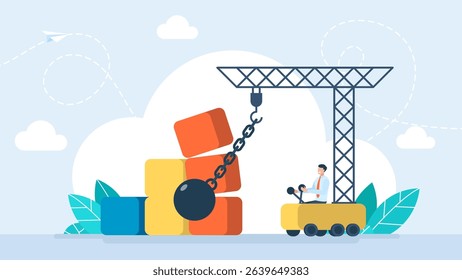 Profit destruction and financial cut in profits as an economic problem. Economic crisis or recession, stock and investment crash, wrecking ball hits and knocks down graph columns. Vector illustration