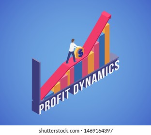 Profit dynamics banner vector template. Successful businessman, office worker, financial analyst 3D cartoon character. Entrepreneur standing on bar chart isometric illustration with typography