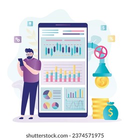 Los beneficios caen del grifo conectado al teléfono móvil. Concepto de plataforma comercial. Un comerciante con confianza usando una aplicación para smartphone. Análisis de mercados financieros en línea. Empresario invirtiendo en el mercado de valores global.