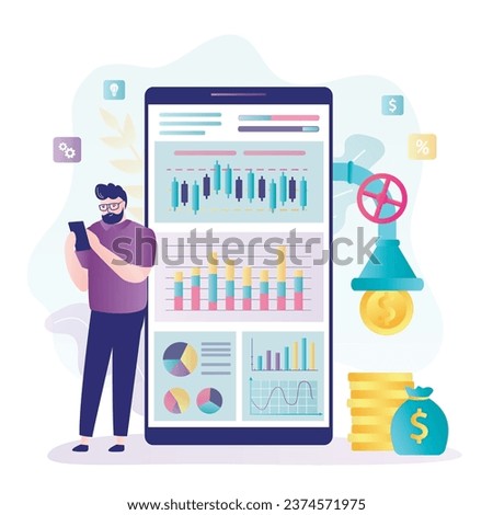Profit falls from tap connected to mobile phone. Trading platform concept. Confident trader using smartphone app. Online financial market analytics. Businessman investing on global stock market.