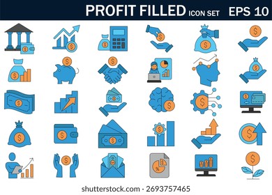 Conjunto de ícones preenchido com lucro com símbolos de finanças, crescimento da empresa, dinheiro, investimento e análise. Design plano moderno em azul e laranja para uso na Web, aplicativo ou apresentação.