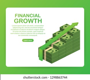 Profit or financial growth concept. A stack of money up arrow. Profit graph in flat style. Vector stock illustration.