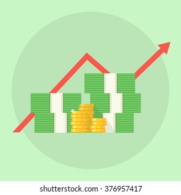 Profit or financial growth concept. A stack of money up arrow. Profit graph in flat style. Business success.  