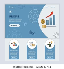 Profit flat landing page website template. Investment risk, investment duration, decision. Web banner with header, content and footer. Vector illustration.