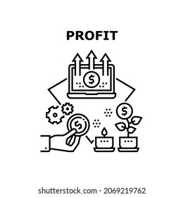 Concepto De Icono De Vector De Beneficios Y Fondos. Ganancias Y Fondos, Empresarios Contando Ingresos Y Gastos, Analizando Inversiones Y Depósitos. Crecimiento Del Árbol De Dinero Y Éxito Ilustración Negra Del Presupuesto Financiero