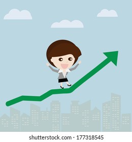 Profit gain, Business woman walk up on the sky with green stock arrow, Business concept cartoon 