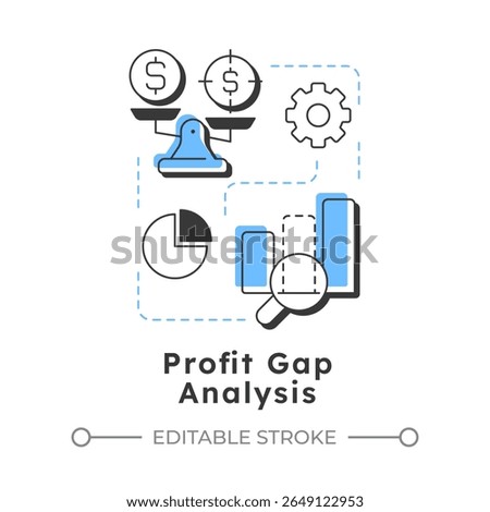 Profit gap analysis modern linear concept icon. Measure difference between actual and target incomes. Sales. Flat outline elements connected with dotted lines. Creative visual. Easy to edit