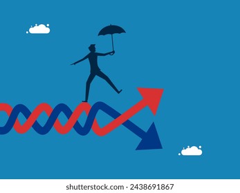 profit graph goes up and down due to the crisis. Businessman tries to balance fluctuations 