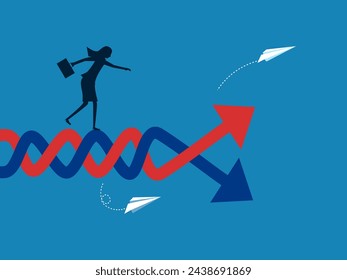 profit graph goes up and down due to the crisis. woman tries to balance fluctuations 