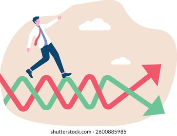 Profit graph goes up and down due to the crisis. businessman tries to balance fluctuations


