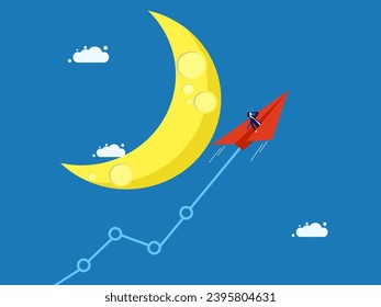 profit graph soared. businessman controls a paper airplane and takes a growth graph to fly to the moon