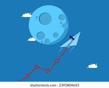 profit graph soared. businesswoman controls a paper airplane and takes a growth graph to fly to the moon